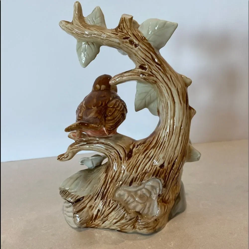 Collectible high gloss ceramic porcelain bird on perch surrounded by Holly Hocks - Picture 5 of 15